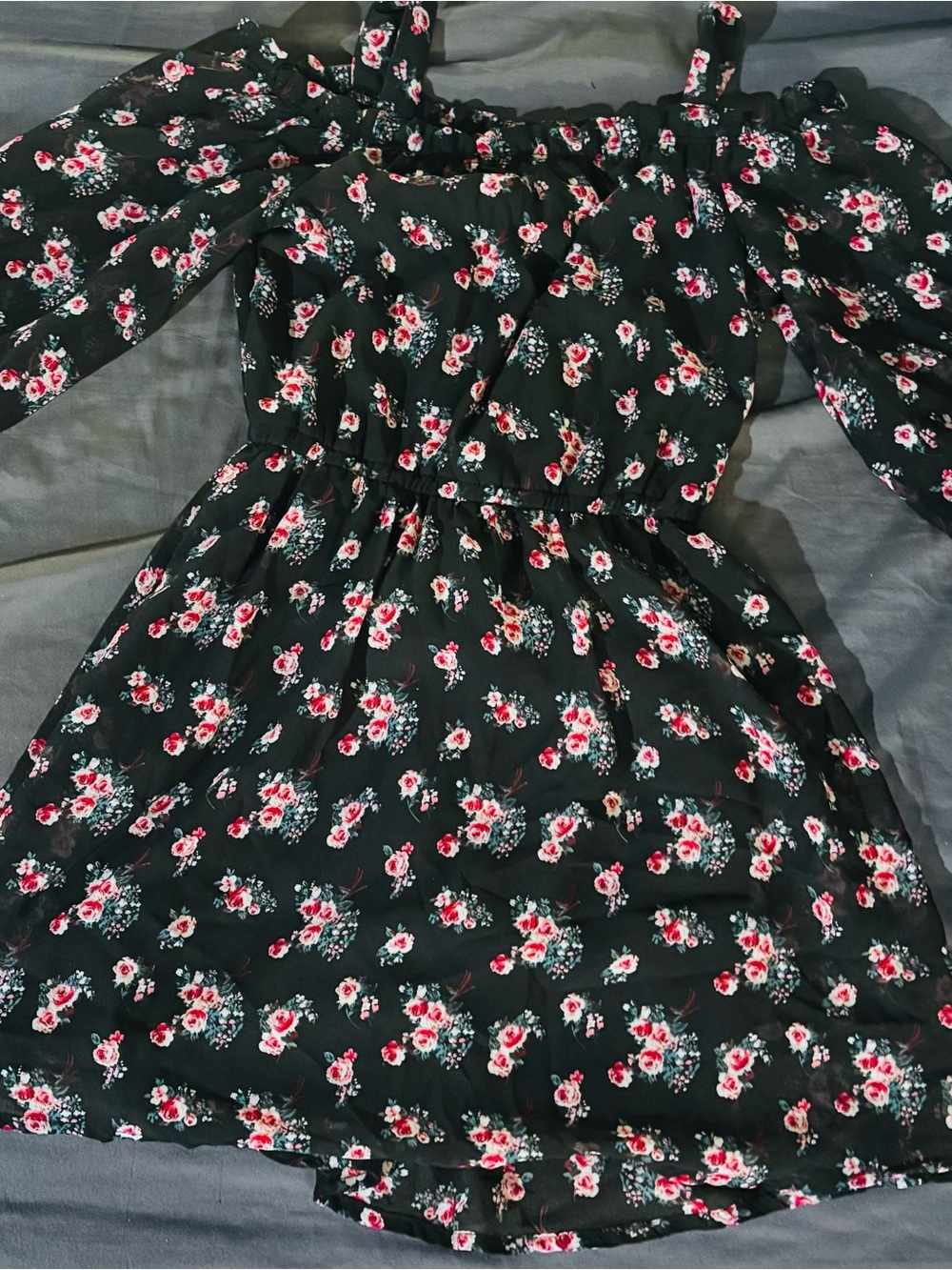 Lily Bleu Black Off-Shoulder Floral Dress with Pink Blossoms